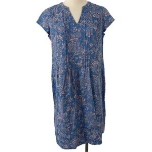 J.Jill Love Linen Floral Blue Dress Size L 100% Linen